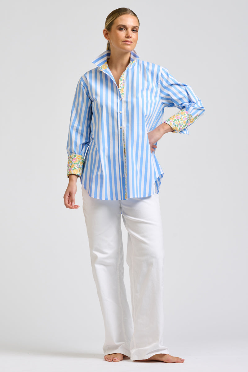 Elodie Shirt - Pale Blue Stripe & Floral Trim