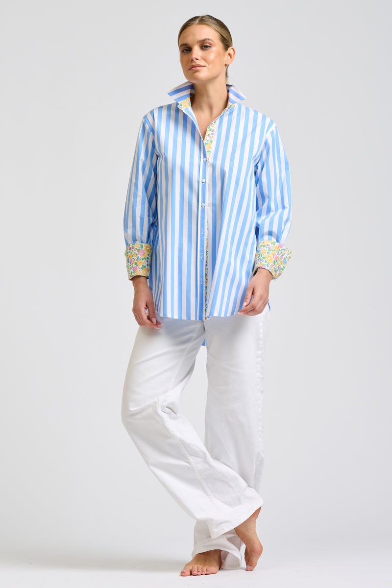 Elodie Shirt - Pale Blue Stripe & Floral Trim