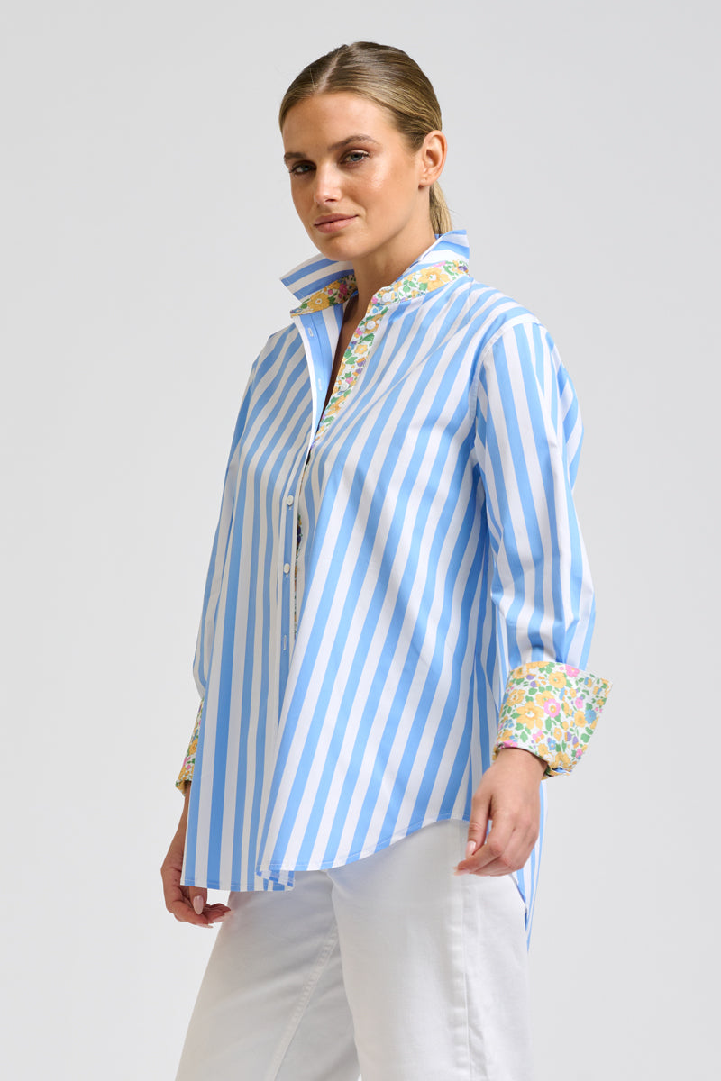 Elodie Shirt - Pale Blue Stripe & Floral Trim