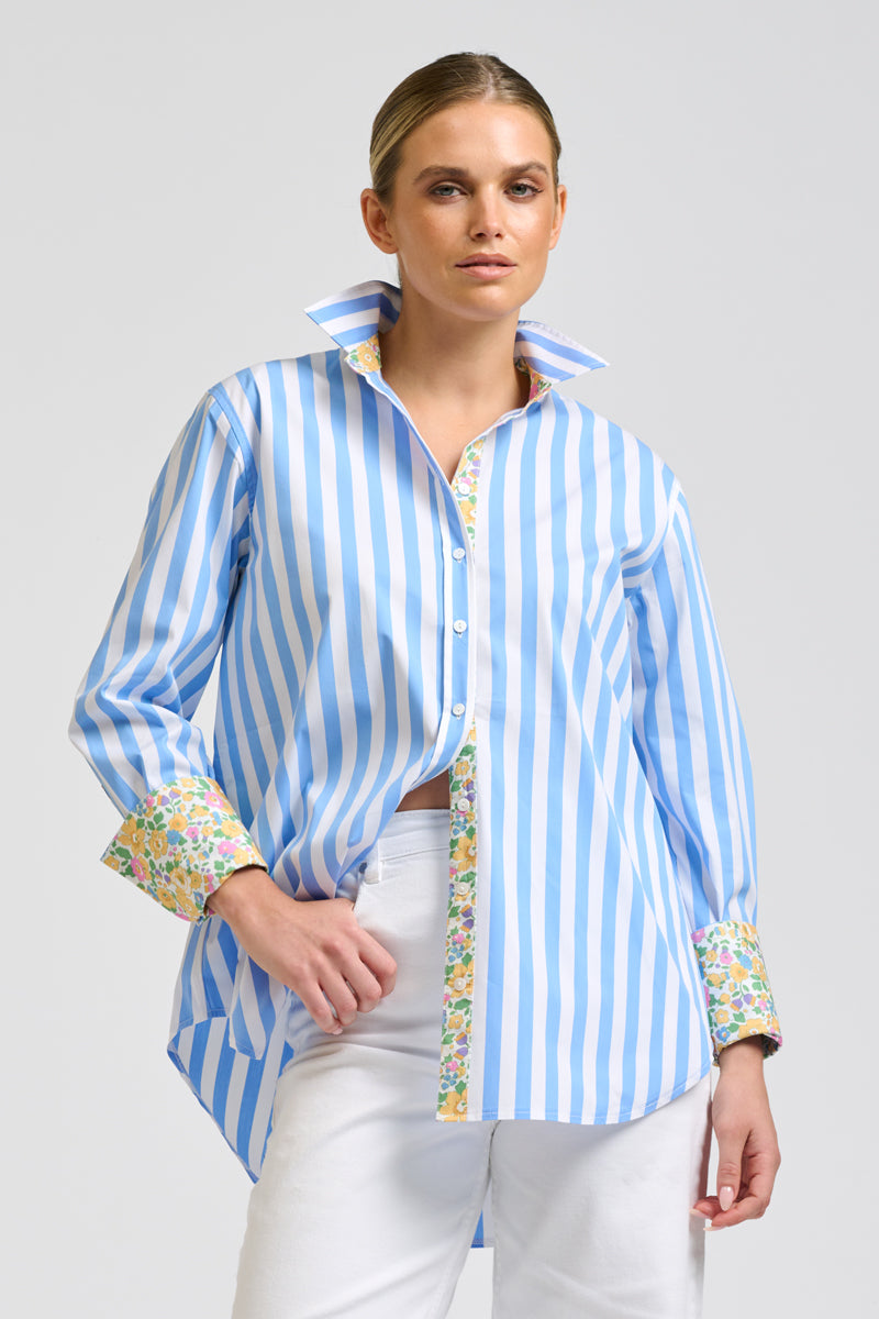 Elodie Shirt - Pale Blue Stripe & Floral Trim