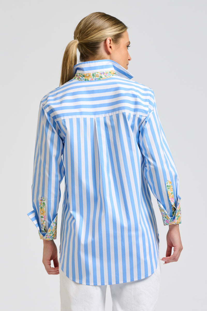 Elodie Shirt - Pale Blue Stripe & Floral Trim