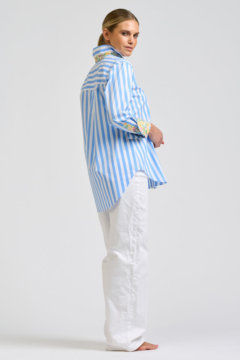 Elodie Shirt - Pale Blue Stripe & Floral Trim