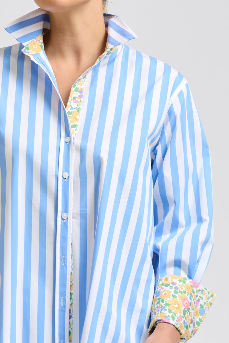 Elodie Shirt - Pale Blue Stripe & Floral Trim
