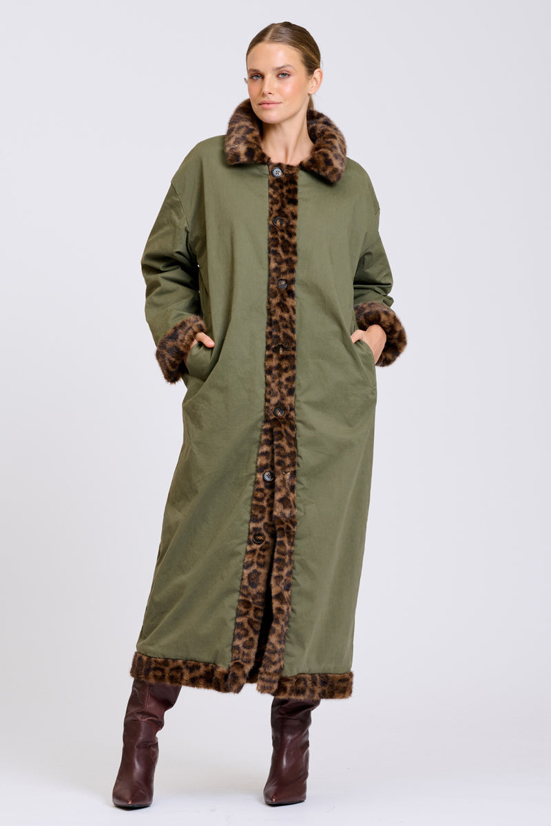 Lech Reverso Long Line Coat - Khaki/Leopard