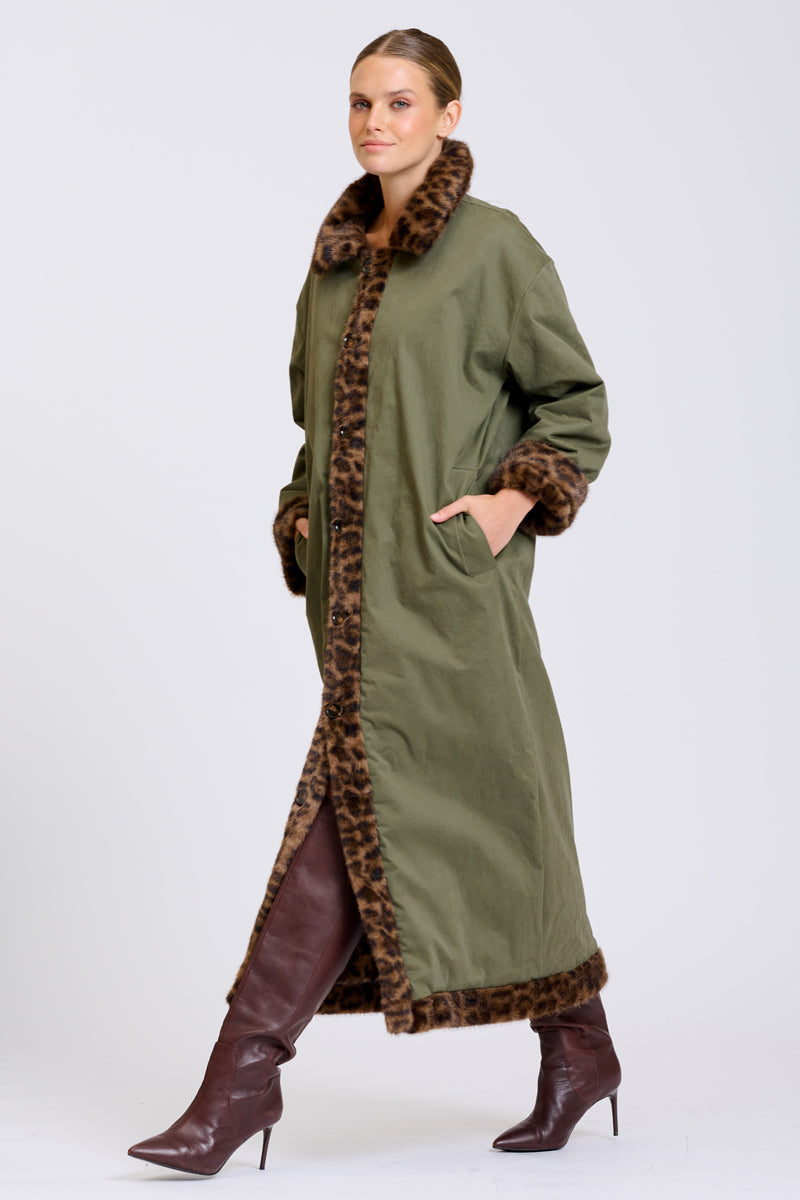 Lech Reverso Long Line Coat - Khaki/Leopard