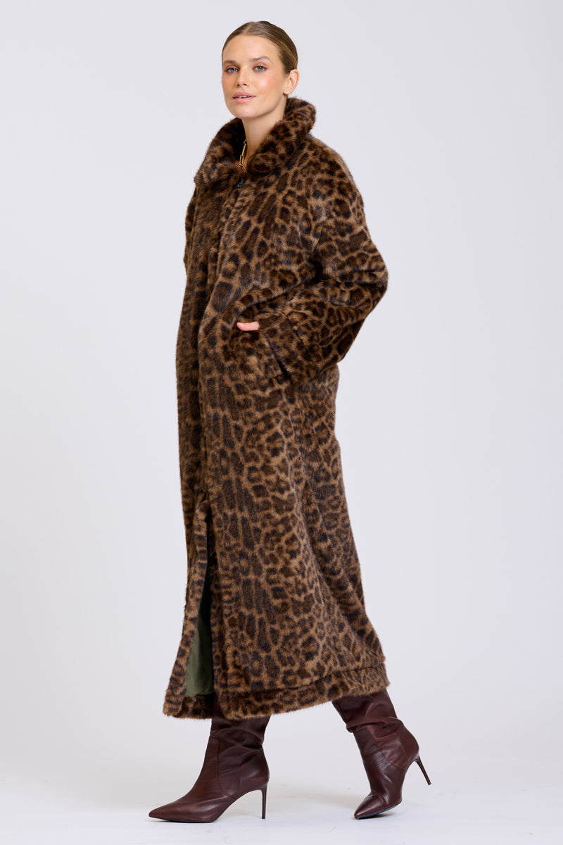 Lech Reverso Long Line Coat - Khaki/Leopard