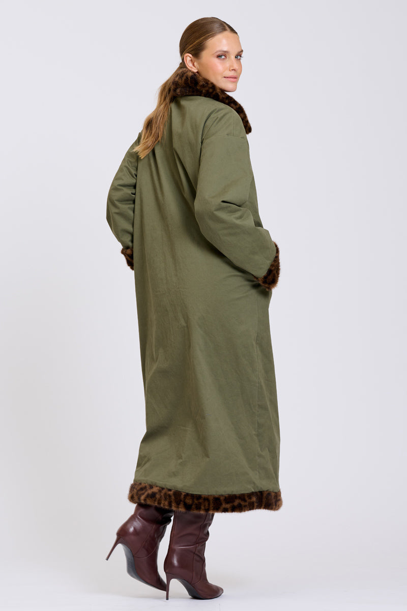 Lech Reverso Long Line Coat - Khaki/Leopard