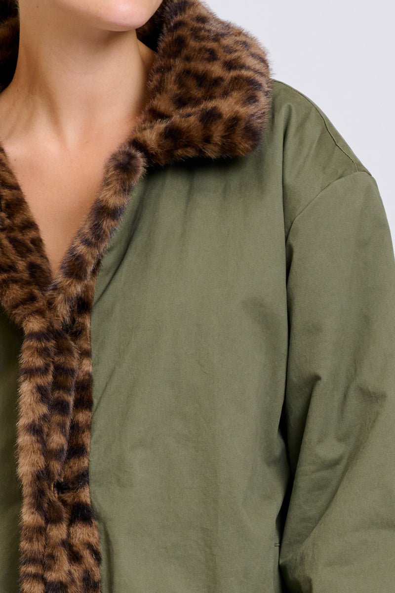 Lech Reverso Long Line Coat - Khaki/Leopard