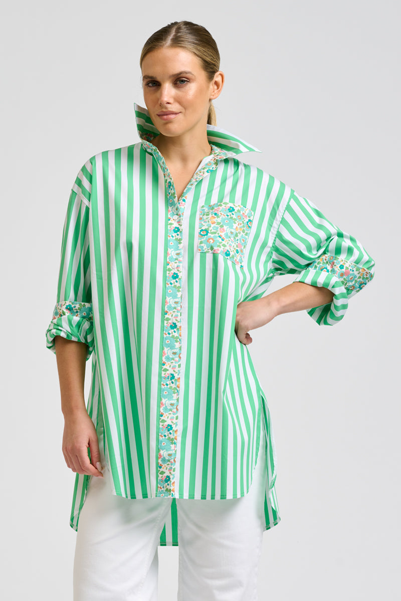 Nessa Boyfriend Shirt - Green Stripe & Floral Trim
