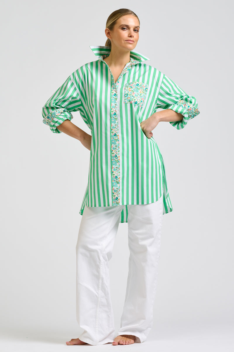 Nessa Boyfriend Shirt - Green Stripe & Floral Trim
