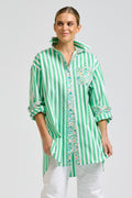 Nessa Boyfriend Shirt - Green Stripe & Floral Trim