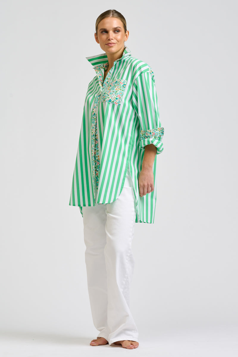 Nessa Boyfriend Shirt - Green Stripe & Floral Trim