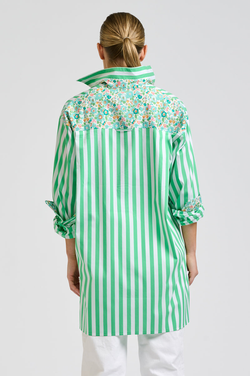 Nessa Boyfriend Shirt - Green Stripe & Floral Trim