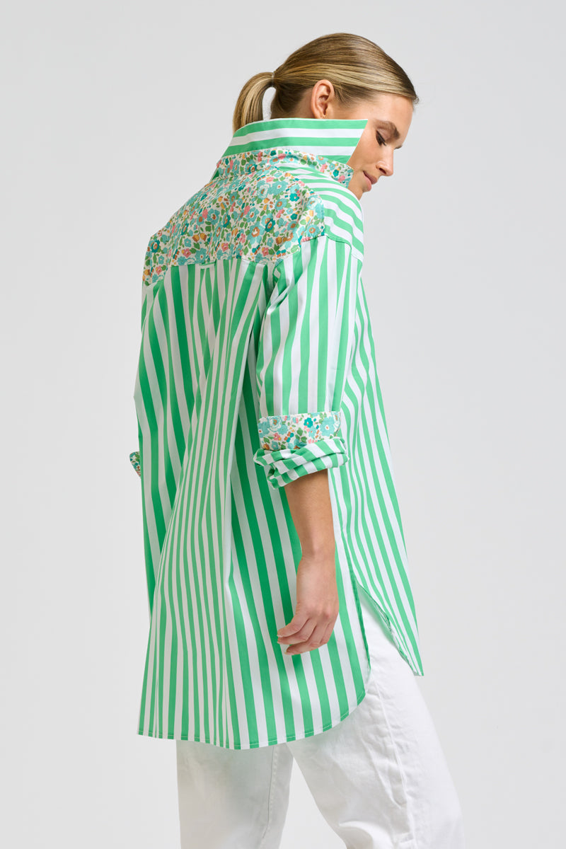 Nessa Boyfriend Shirt - Green Stripe & Floral Trim
