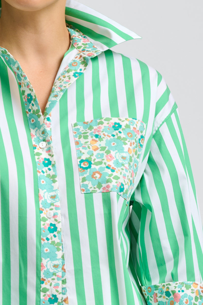 Nessa Boyfriend Shirt - Green Stripe & Floral Trim