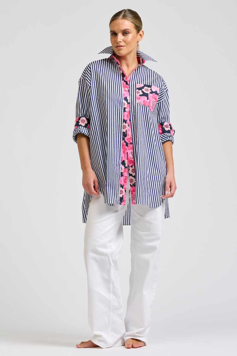 Nessa Boyfriend Shirt - Navy Strip / Neon Floral