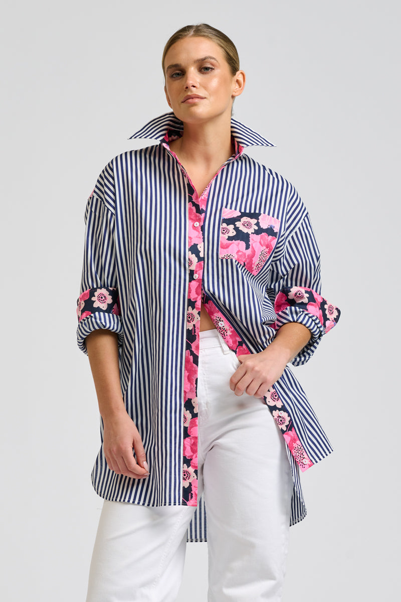 Nessa Boyfriend Shirt - Navy Strip / Neon Floral