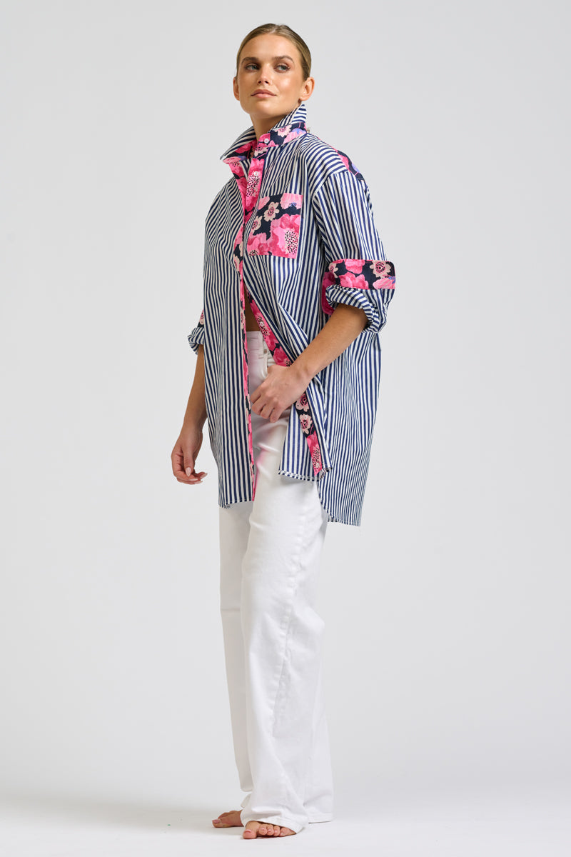Nessa Boyfriend Shirt - Navy Strip / Neon Floral