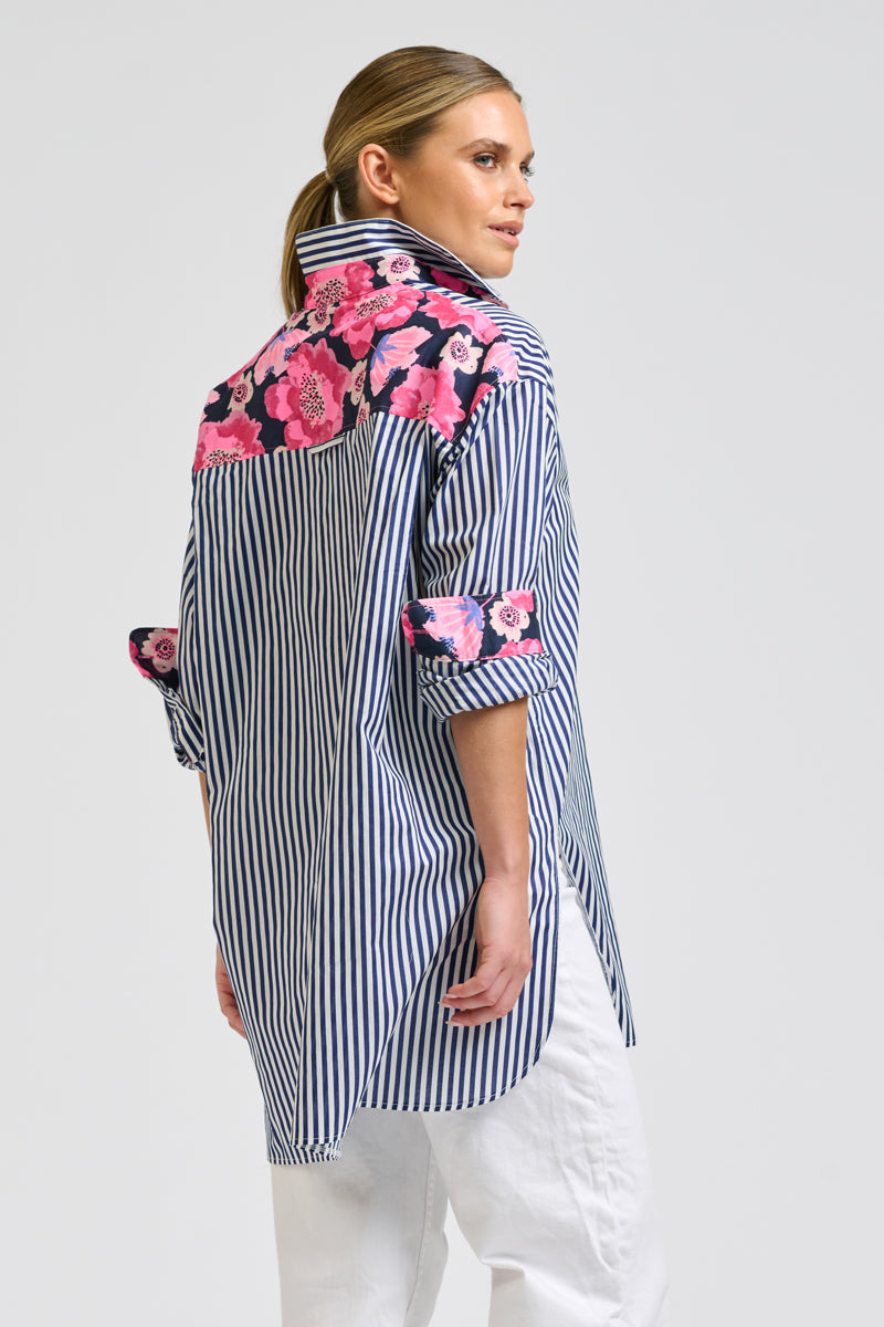 Nessa Boyfriend Shirt - Navy Strip / Neon Floral