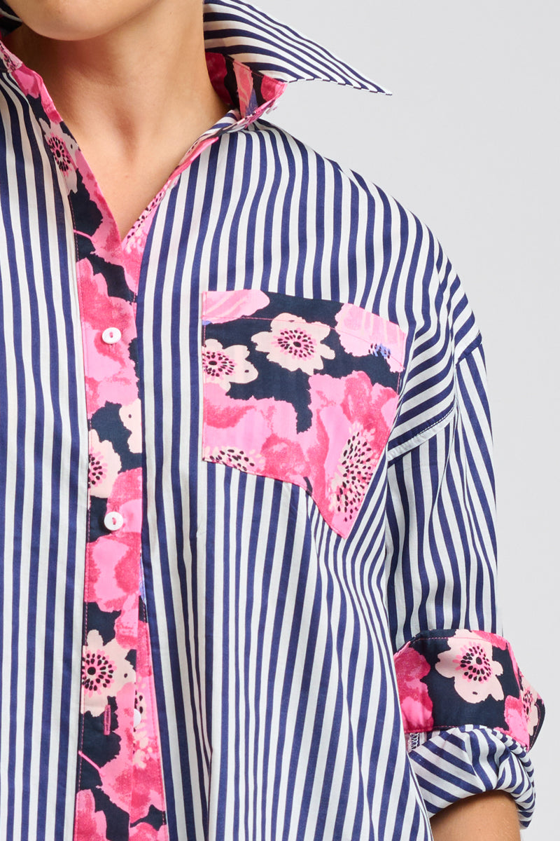 Nessa Boyfriend Shirt - Navy Strip / Neon Floral