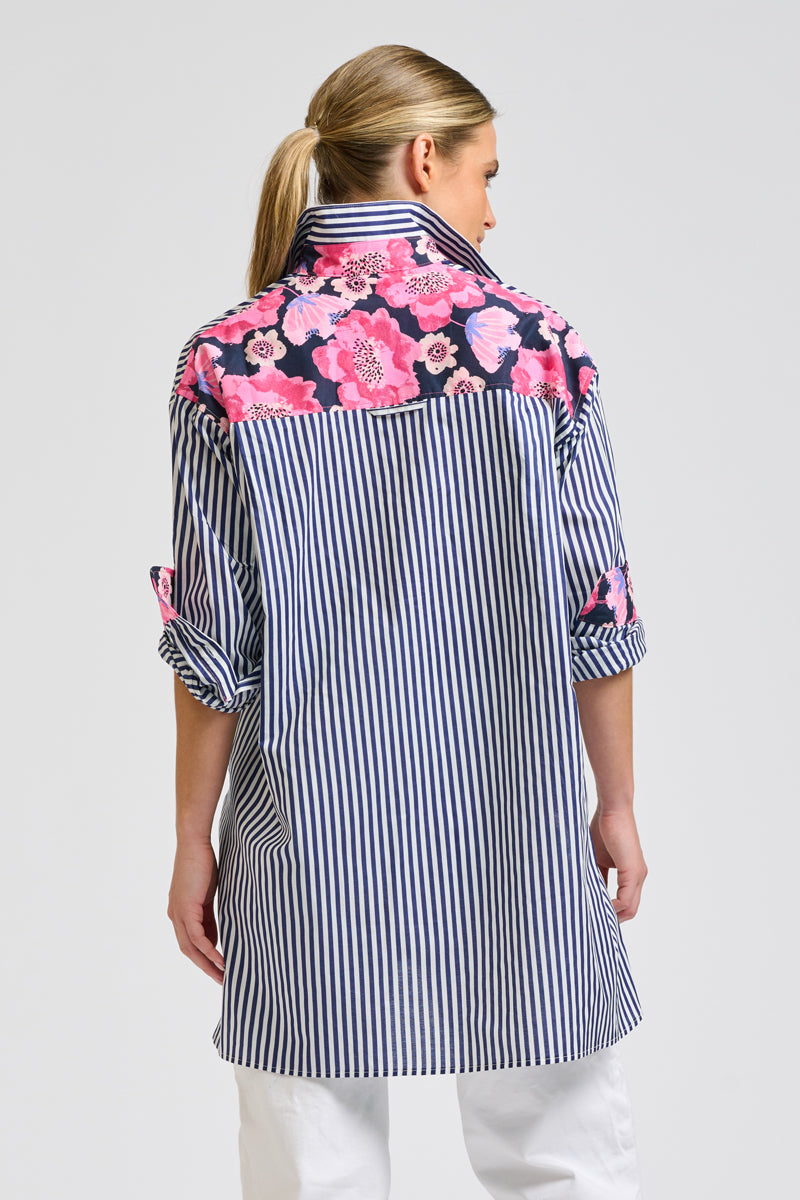 Nessa Boyfriend Shirt - Navy Strip / Neon Floral