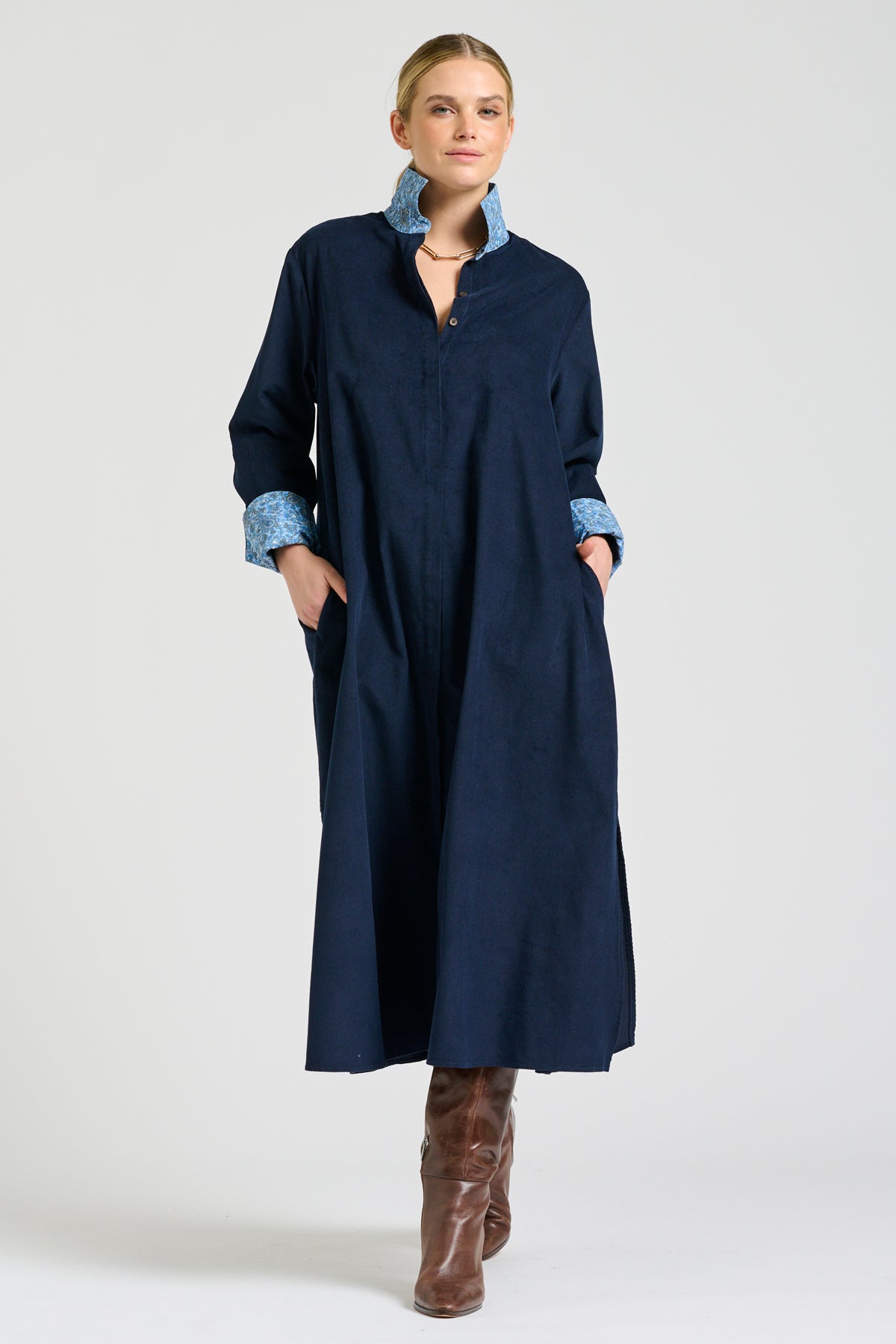 Amelie Long Line Shirt Dress - French Navy Pincord