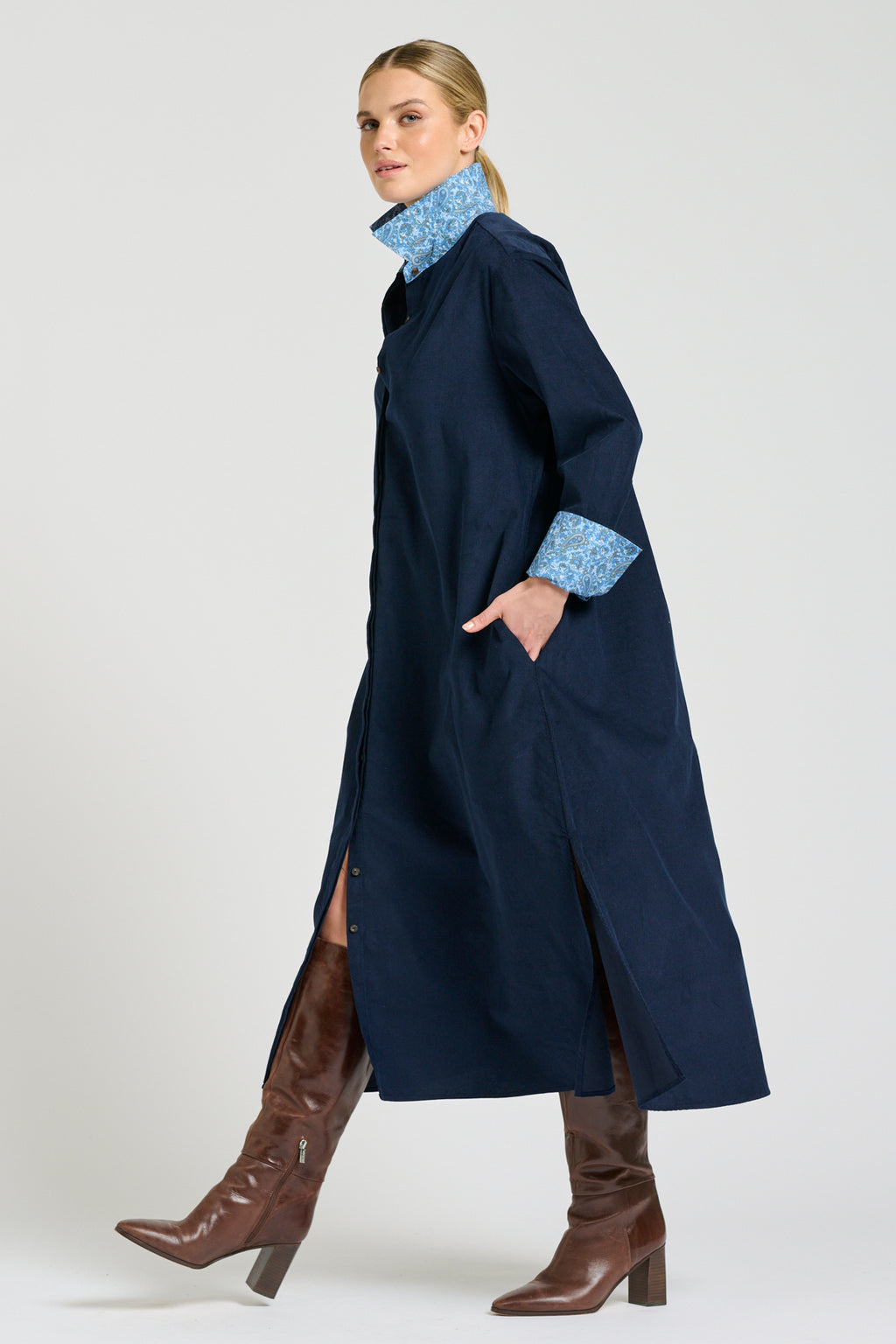 Amelie Long Line Shirt Dress - French Navy Pincord