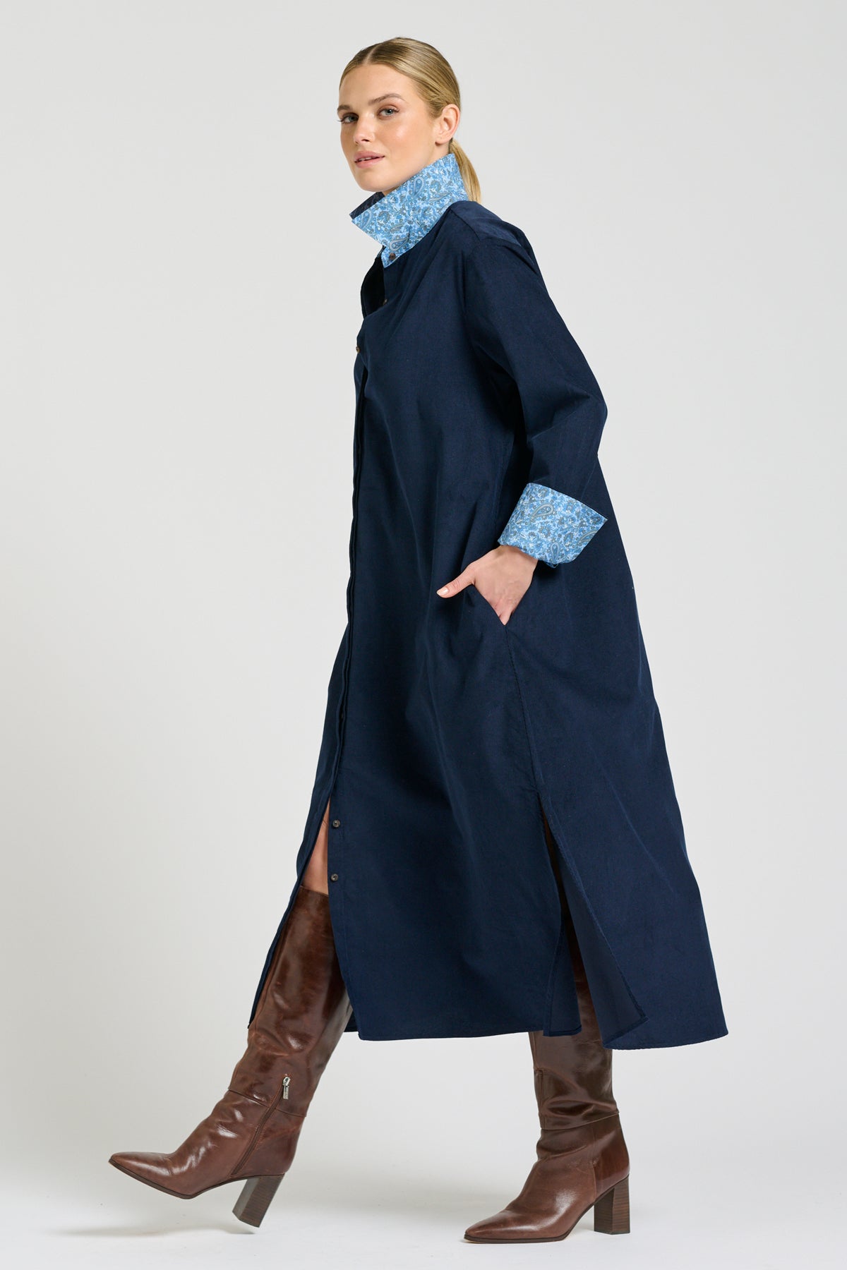 Amelie Long Line Shirt Dress - French Navy Pincord