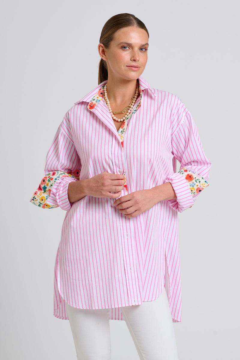 Shirty The Boyfriend Shirt - White with Pink Stripe Floral Trim