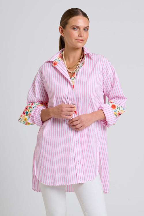 Shirty The Boyfriend Shirt - White with Pink Stripe Floral Trim