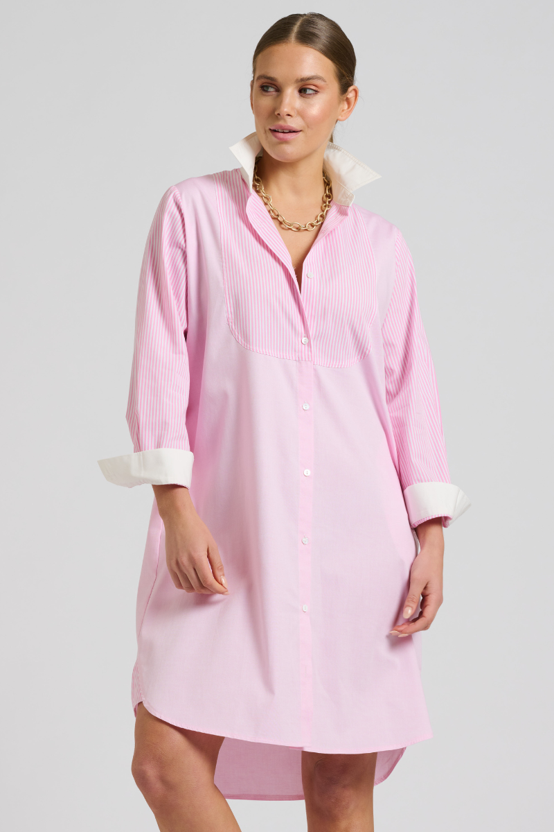 Shirty The Classic Bib Shirtdress - Pink Combo
