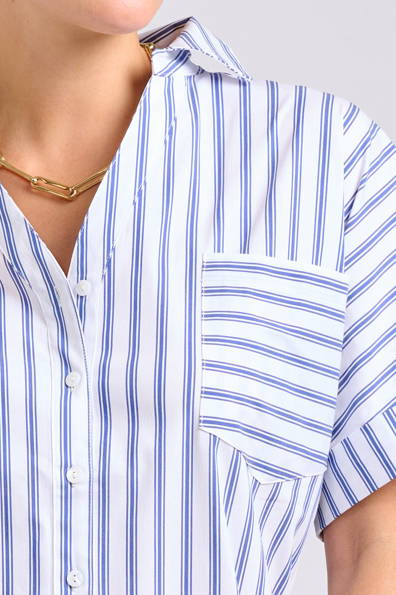 The Ella Shirt Dress - White with Navy Ticking