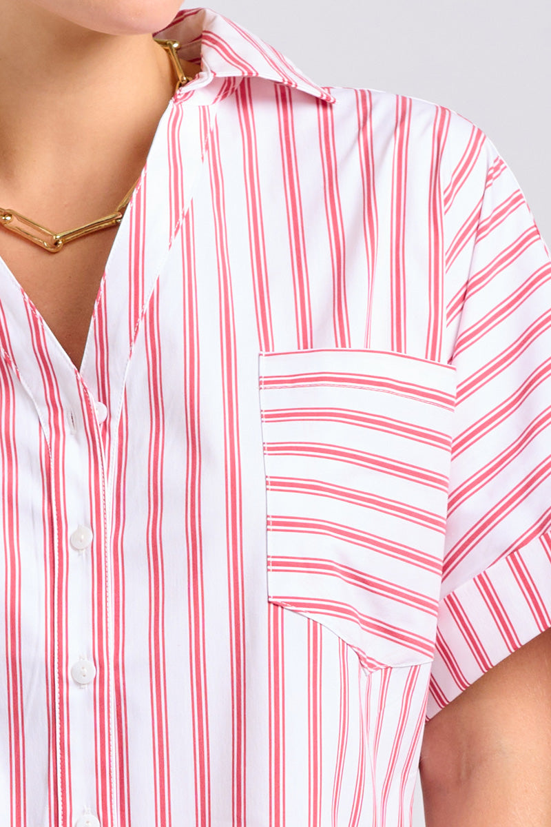 The Ella Shirt Dress - White with Raspberry Ticking