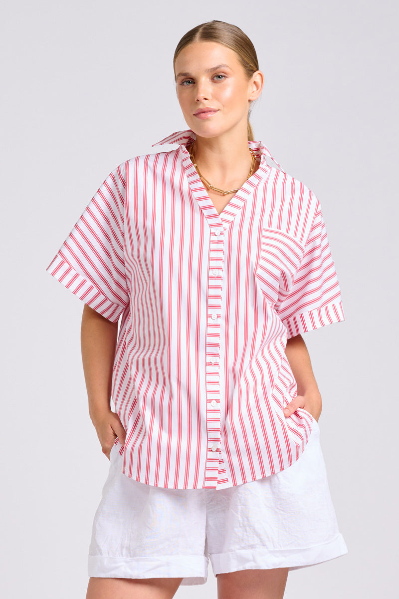 The Ella Shirt - White with Raspberry Ticking