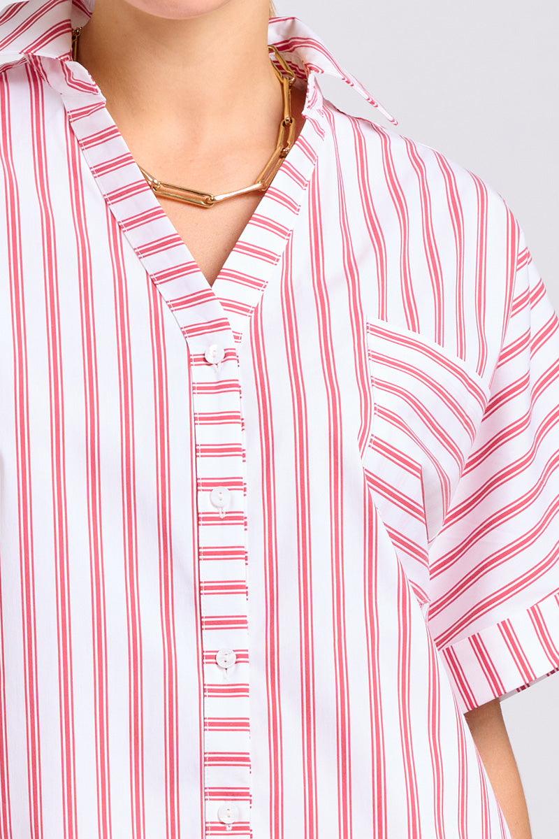 The Ella Shirt - White with Raspberry Ticking