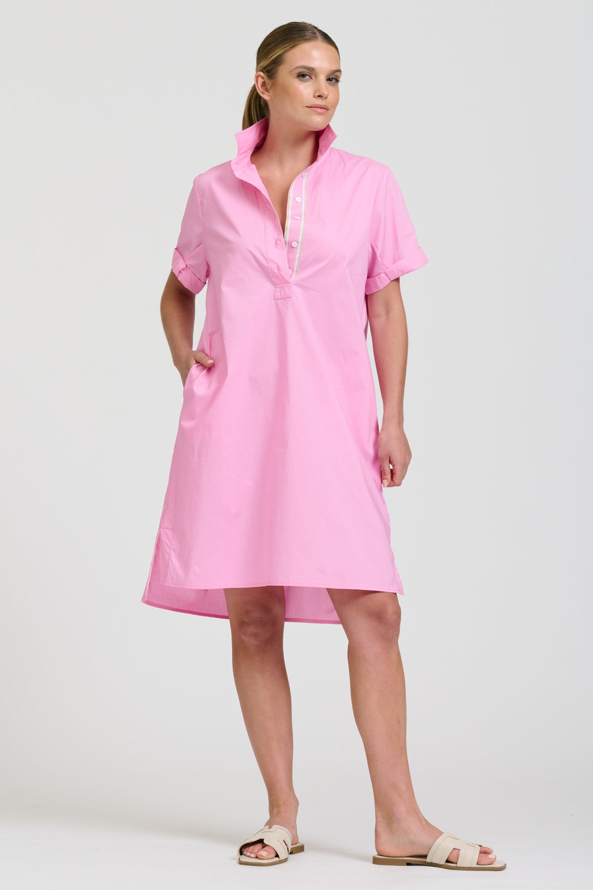 Catie Short Sleeve Shirt Dress - Pink