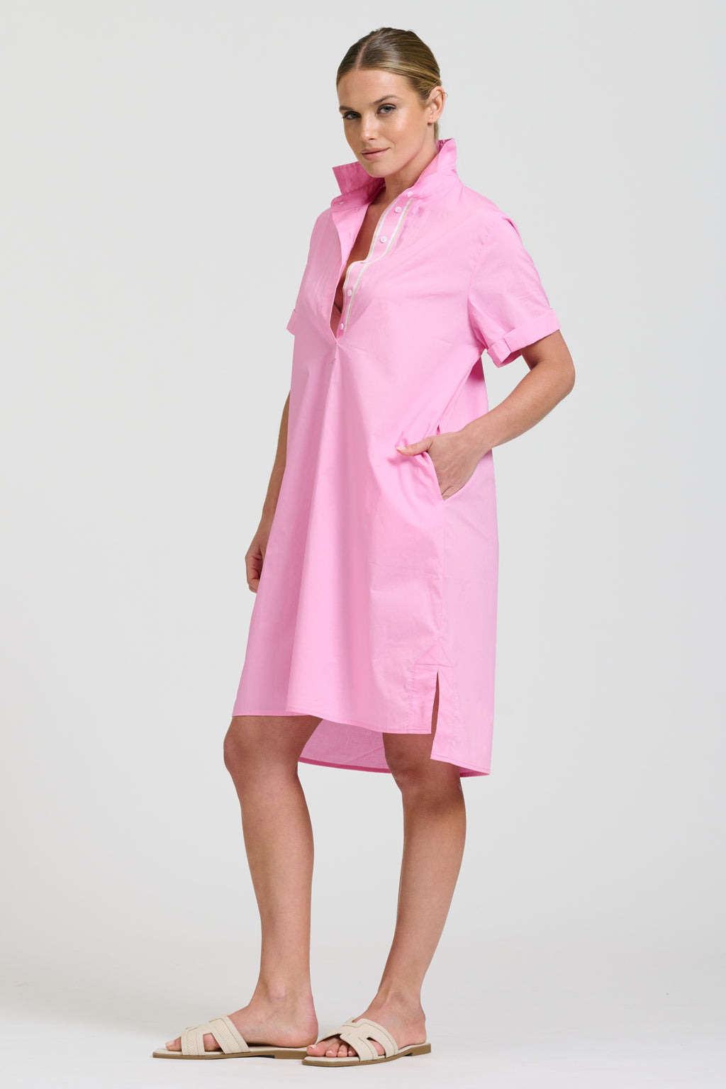 Catie Short Sleeve Shirt Dress - Pink