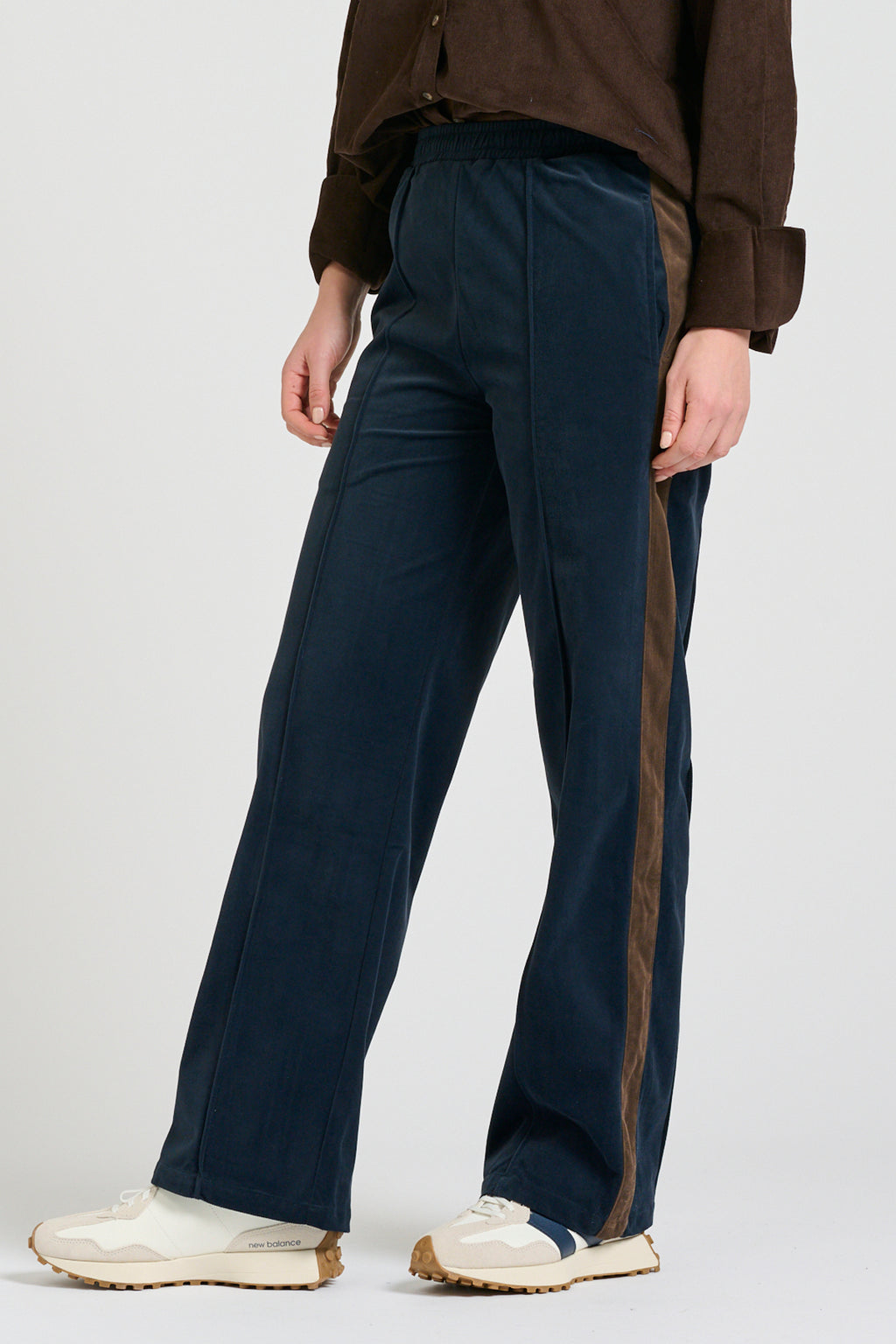 Lucile Velvet Twill Pant - French Navy with Chocolate Stripe
