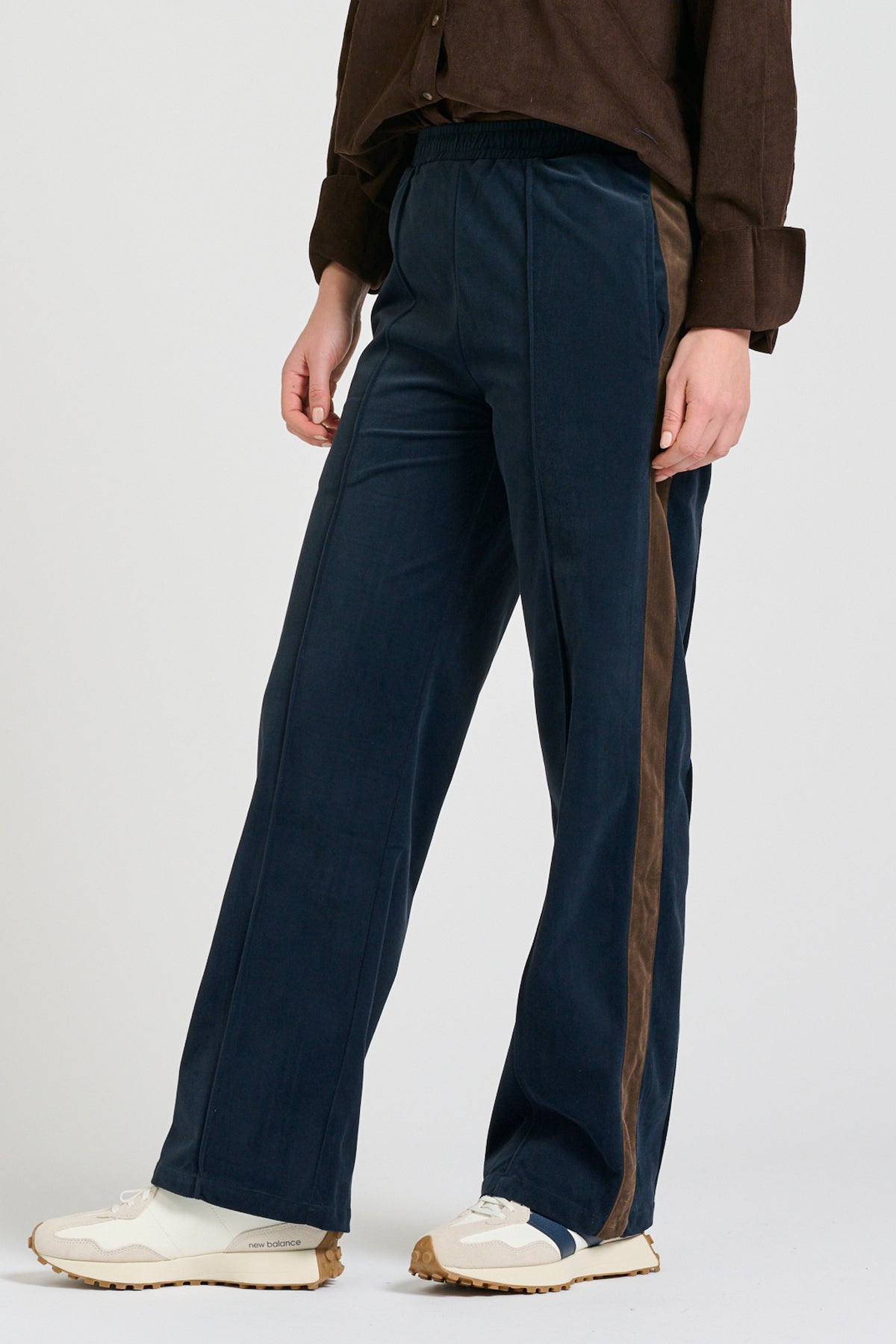 Lucile Velvet Twill Pant - French Navy with Chocolate Stripe