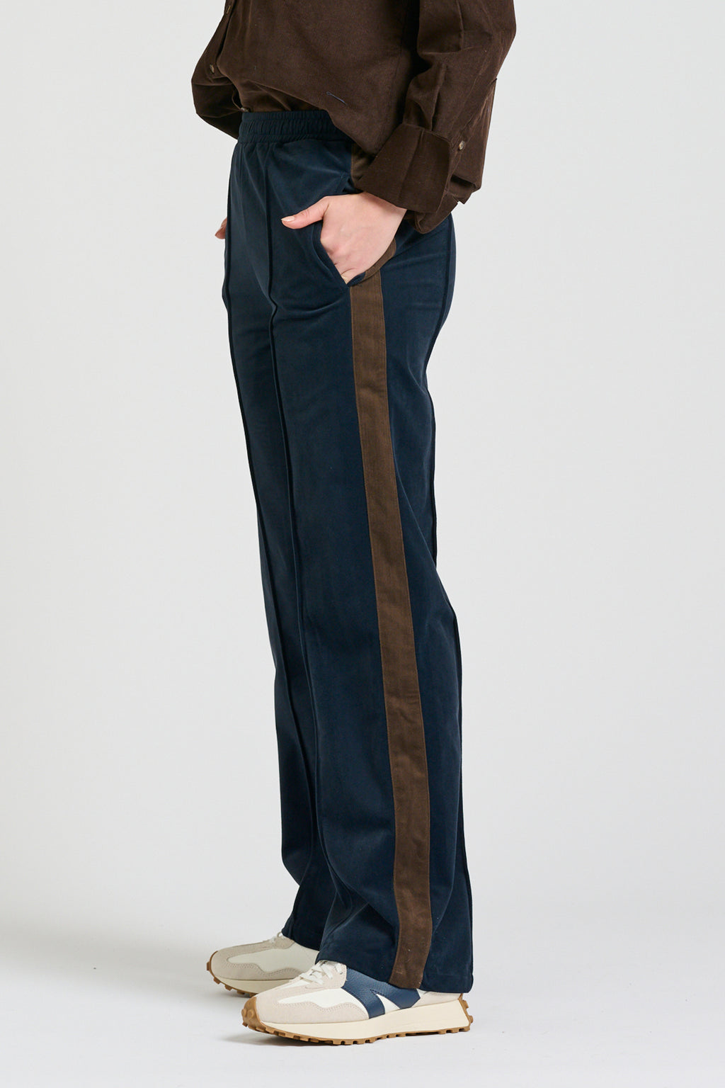 Lucile Velvet Twill Pant - French Navy with Chocolate Stripe