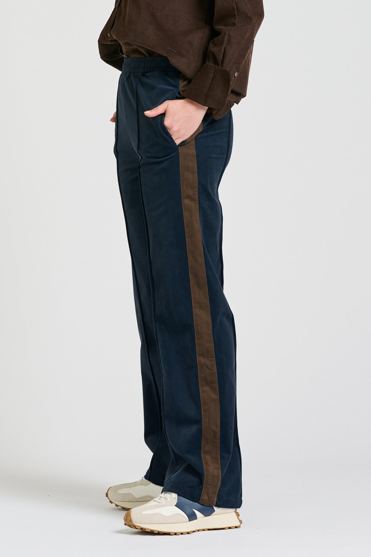 Lucile Velvet Twill Pant - French Navy with Chocolate Stripe