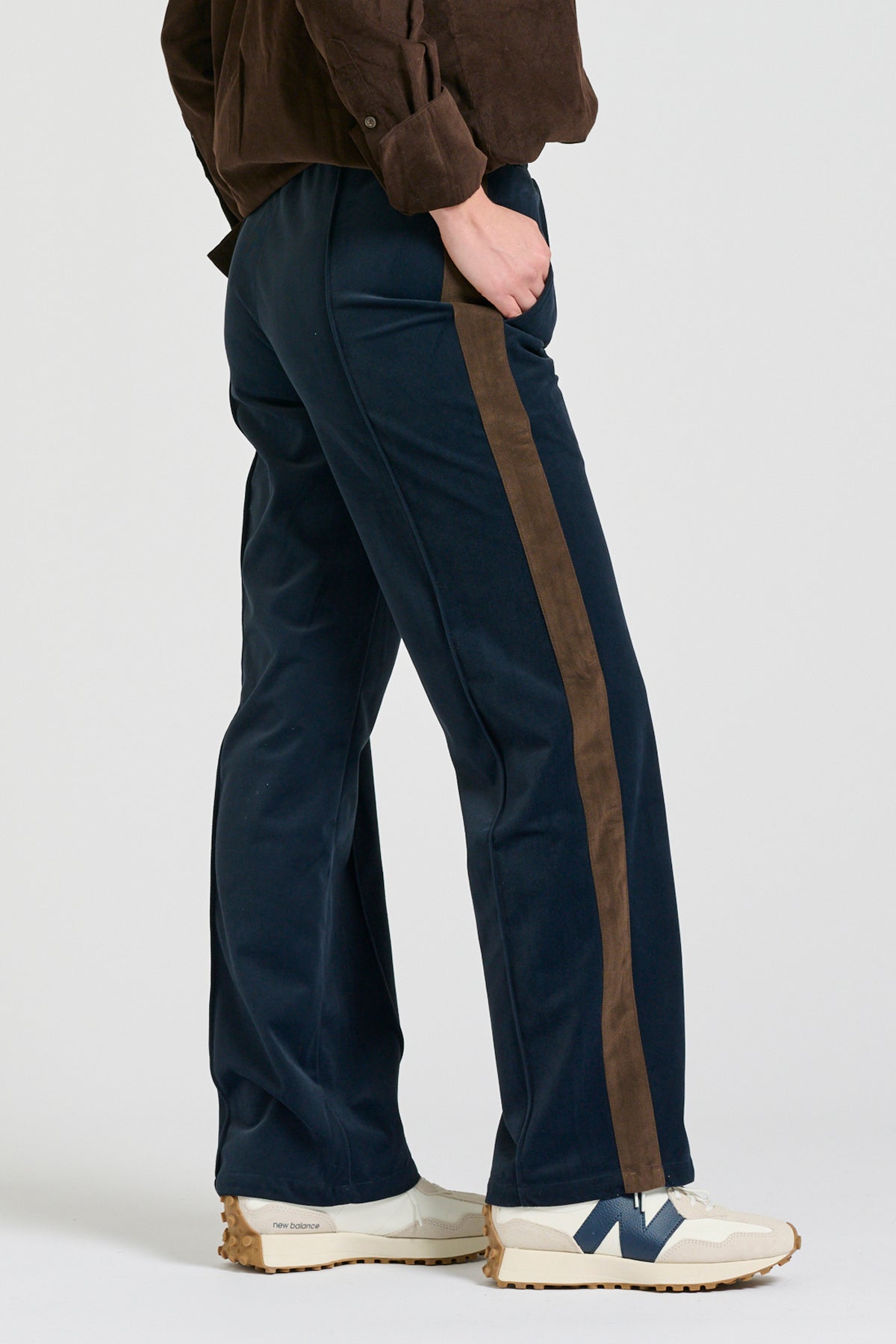 Lucile Velvet Twill Pant - French Navy with Chocolate Stripe