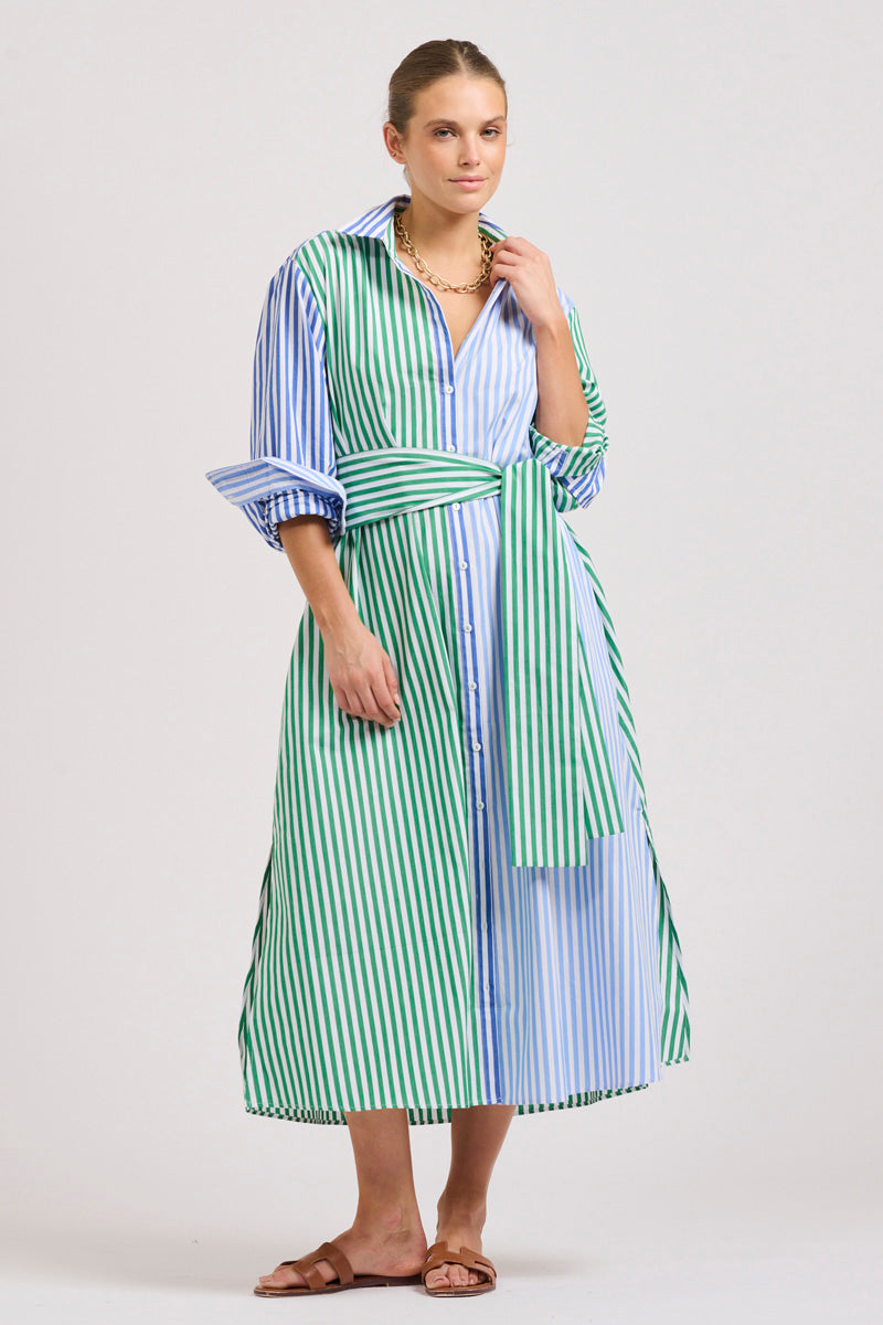 The Luna Oversized Linen Long Shirtdress - Blue/Green Stripe Combo