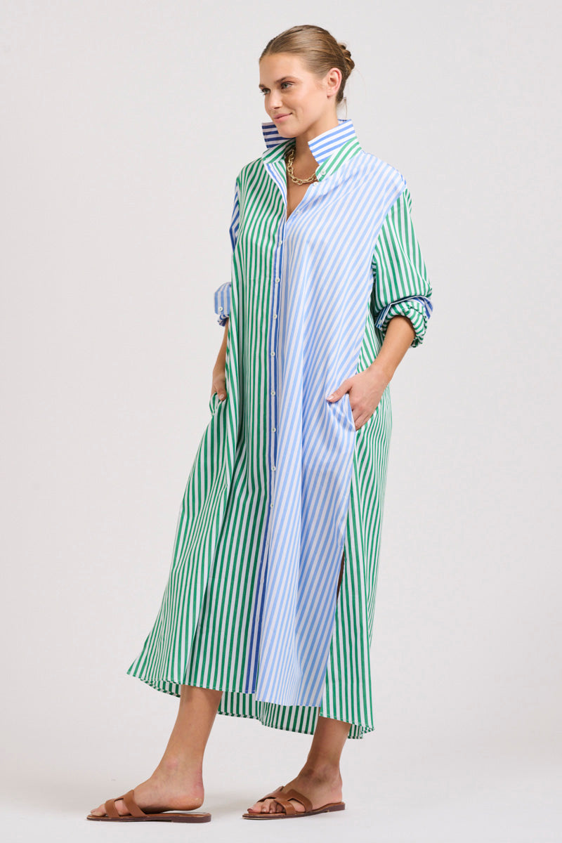 The Luna Oversized Linen Long Shirtdress - Blue/Green Stripe Combo