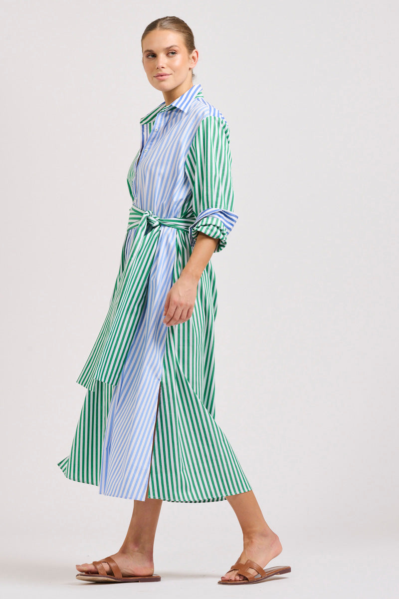 The Luna Oversized Linen Long Shirtdress - Blue/Green Stripe Combo