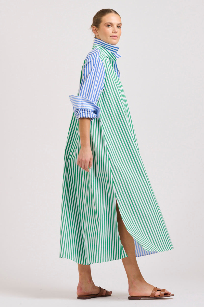 The Luna Oversized Linen Long Shirtdress - Blue/Green Stripe Combo