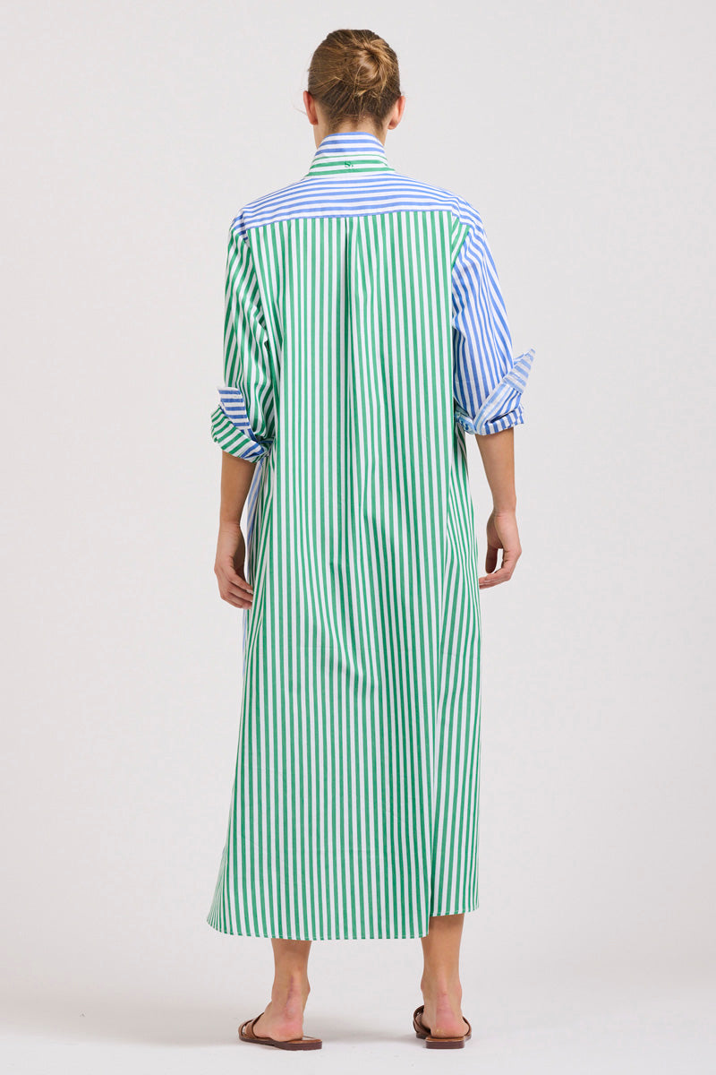 The Luna Oversized Linen Long Shirtdress - Blue/Green Stripe Combo