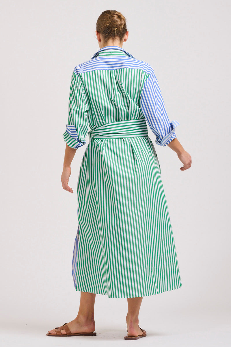 The Luna Oversized Linen Long Shirtdress - Blue/Green Stripe Combo