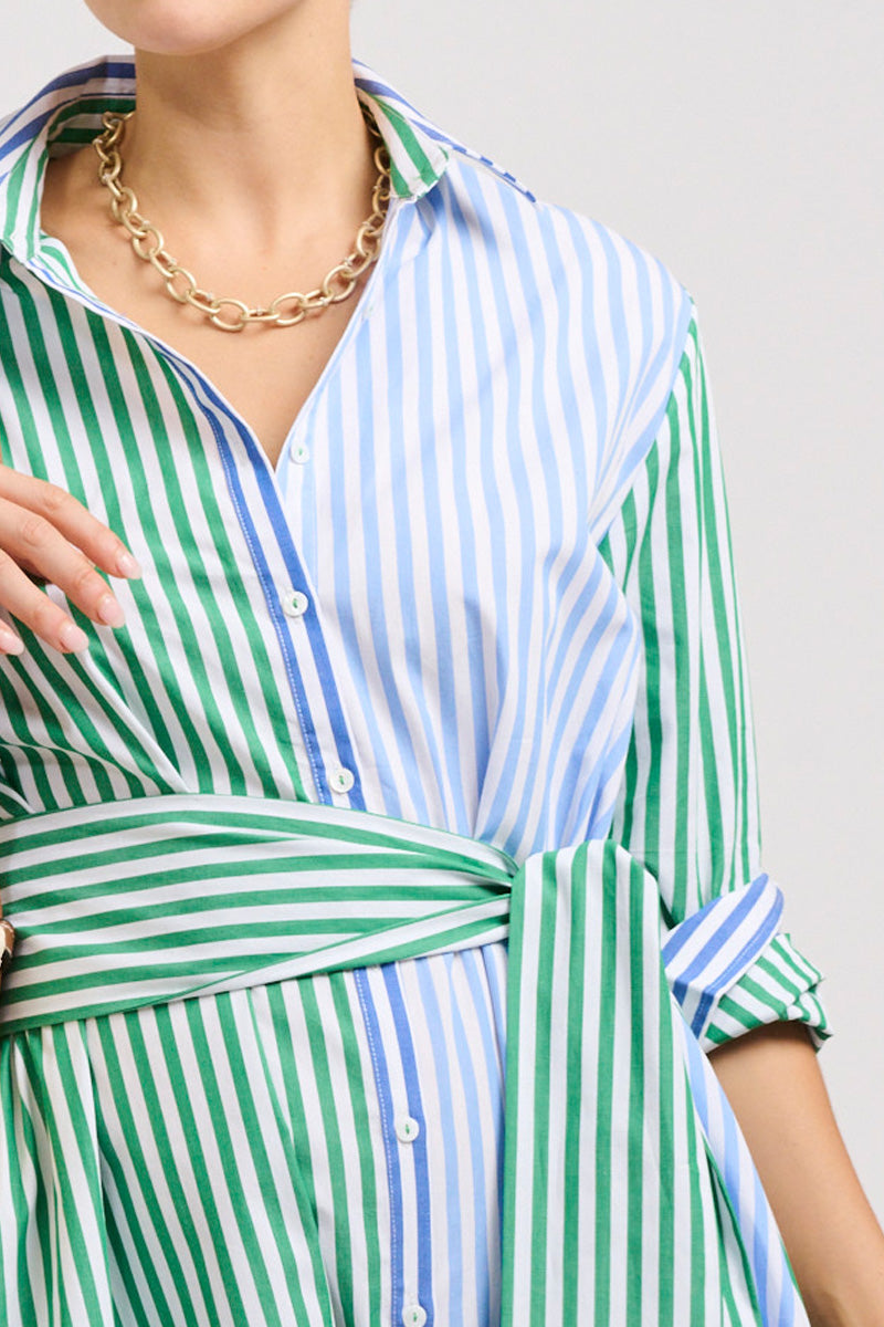 The Luna Oversized Linen Long Shirtdress - Blue/Green Stripe Combo