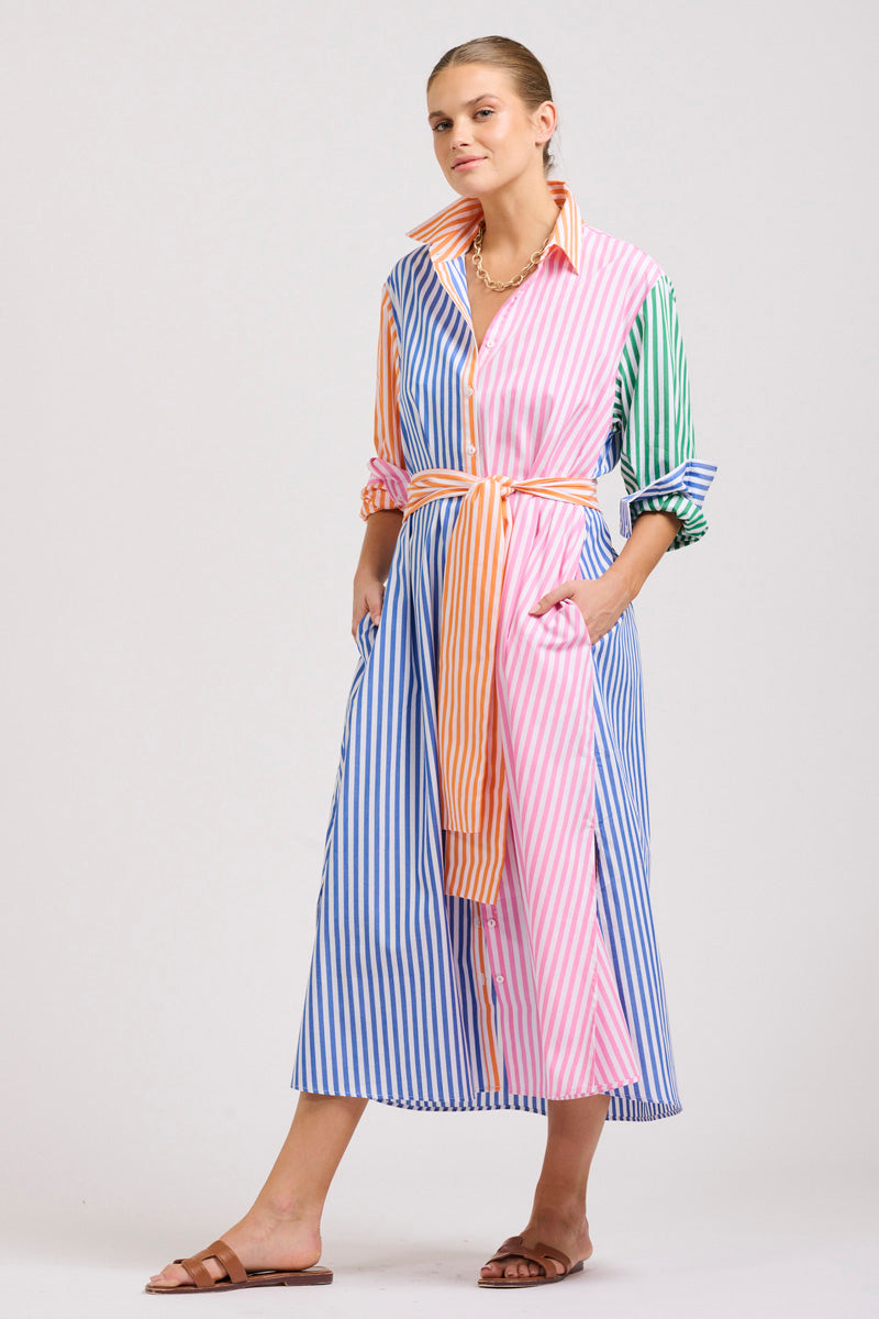 The Luna Oversized Linen Long Shirtdress - Bright Stripe Combo